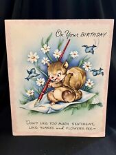 Vintage 1940’s Birthday Card Sweet Cute Squirrel Writing - Birds-Flowers-unused picture