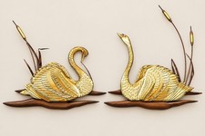 Vintage MCM Brass Copper Swan Wall Art Pair Wood Cattails Mid Century Decor picture