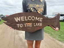 Antique Lake house Fishing Tackle Lure Wood Sign Leather Handle Vintage Original picture