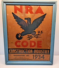 Framed 1934 NRA Code Cardboard Sign Construction Industry. picture