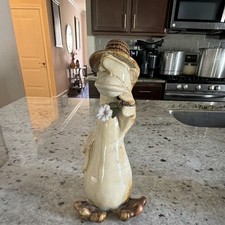 Vintage Ceramic Duck Figurine Straw Hat Daisy Pottery Decor picture