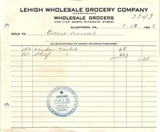 1938 Lehigh Wholesale Grocers Allentown PA Billhead picture