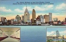 Detroit Michigan - Skyline from Windsor, Ambassador Bridge - Linen Postcard 1943 picture