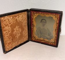 Antique Victorian Tintype Photo of Woman Set in Leather and Velvet Case picture