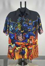 Vintage DC Comics Style SuperHero 2001 All Over Button Up Shirt Size Medium picture