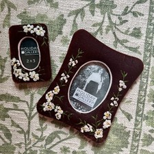 VTG Midwest Cannon Falls Velvet Floral Embroidered Picture Photo Frames BOHO x2 picture