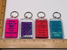 Vintage KALAN Lot of 4 Novelty Acrylic Keychains Humorous Double Sided picture