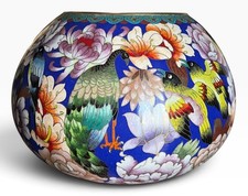 Vintage Chinese Cloisonné Enamel Bowl Bird Floral Jardinière Planter 10.5” HEAVY picture