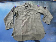 Vtg WW2 40s U.S Military Shirt 15-33 Olive Drab Button Front Long Sleeve Patches picture