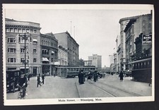 Vintage PC Winnipeg, Manitoba Canada Main Street B&W People Streetcar Cars picture