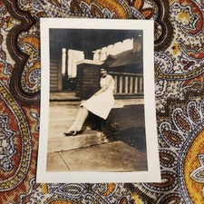 VTG B&W Snapshot Photo 1930s Beautiful Woman Posed Front Steps House Porch Heels picture