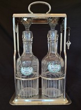 ANTIQUE ENGLISH SILVER PLATE TANTALUS C.1880-1900 WHEAT ENGRAVED GLASS DECANTERS picture