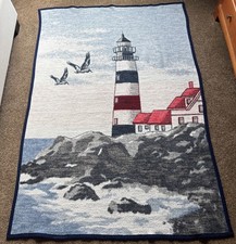 Vintage Biederlack Lighthouse Throw Blanket Reversible Nautical 77”x53” picture
