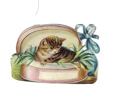 1888 Chromo, Fantasy PINK PILLBOX KITTEN, Antique Victorian Die-Cut Scrap, 2