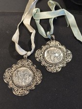 2 Sterling Silver Antique Filigree Pendants Ornaments Religious Medals picture