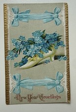 New Year Greetings Postcard Forget-Me-Nots Shoe Ribbons Embossed Antique 1910 picture