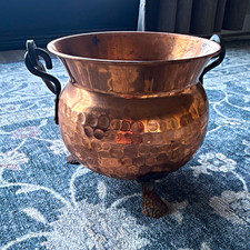 Vintage Hammered Copper Cauldron Pot w/ Black Iron Handles, Tripod Feet picture