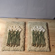 Pair Paperwhite Narcissus Flower Resin Wall Plaques Botanical Cottage Decor picture