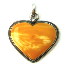 ❤❤ BEAUTIFUL Vtg HUGE Thick HEART Egg Yolk Genuine AMBER Sterling SILVER Pendant picture