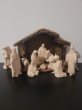 Vintage Large Cream 12Pc Nativity Scene Rustic Wooden Moss Straw Manger Camel picture