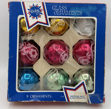 Vintage Coby Box of 8 Glass Christmas Ornaments Stenciled picture
