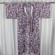 Vintage Japanese Yukata Purple Floral Kimono Robe Women's 58.7