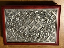 Vintage Cherry Finish Pewter Rose Keepsake Jewelry Trinket Box 5x7 Lattice Korea picture