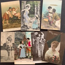Lot of 7 1900-1930 Postcards: Pretty Women Fahion Costume & European Children picture