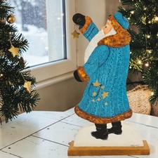 VTG Hand Painted Wood Santa Claus Blue Coat Standing Figure Hanging a Star 17