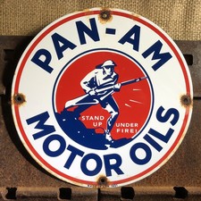 VINTAGE 1931 DATED PAN-AM MOTOR OILS PORCELAIN SIGN MILITARY WAR GAS SERVICE picture