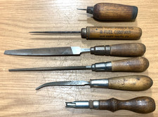 Six (6) Antique Vintage Wood Handle Carpentry Tools Scratch Awl Pick Files Gouge picture