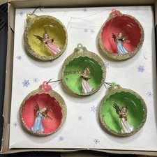 VTG SET OF (5) DECOR GOLD GLITTER & ANGELS CHRISTMAS BALLS IN ORIGNAL BOX picture