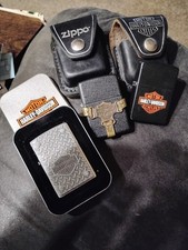 Lot Of 3 Vintage 1990's Harley Davidson Zippos With 2 Leather Pouches ( 1... picture