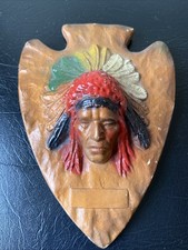 VTG Chalkware Indian Chief Native American Plaque on Arrowhead Souvenir Western picture