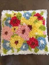 Vintage Hand Hooked Floral Pillow w/Corduroy Back, Latch Hook Cushion 13x13 picture