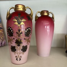 Peach Blow Vases with Foliage and flower Decor Pair Antique Stand 6 Inch picture