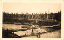 RPPC Rustic Log Bridge Over River Man Forest Scene Real Photo Postcard Unposted picture