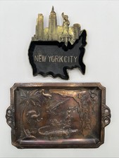 2 Vintage Metal Souvenir Ashtrays New York City Skyline & Florida Wildlife Japan picture