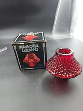 Vintage MCM Indiana Glass Honeycomb Pagoda Red Fairy Lamp Tea Light With Box picture