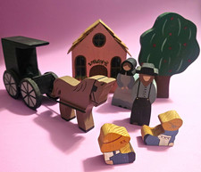 Vintage Hand Painted Wooden Amish Village Set Horse Buggy Schoolhouse Folk Art picture