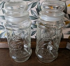 Vintage 1982 Planters Peanuts Embossed Decorative Mr. Peanut Glass Jar Set Of 2 picture