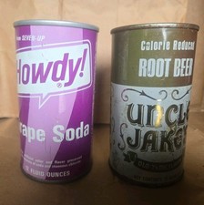 Vintage Howdy Grape & Uncle Jake's Calorie Reduced Root Beer Steel Soda Pop Cans picture