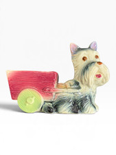 Vintage Ceramic Scottie Dog Planter with Red Wagon Cart Figurine 6 Inch picture