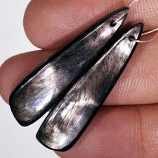 38  Cts  Natural Hypersthene Gemstone Cabochon Earrings Pair 38x9mm #P2289 picture