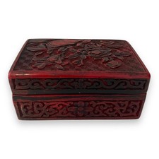 Vintage Red Cinnabar Style Carved Lacquer Trinket Jewelry Box Peony Flower picture