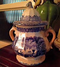 19th Century Antique  Victorian Blue Transferware Double Handled Sugar Bowl picture
