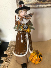 Blue Sky Hello Fall Pilgrim Pumpkin Tealight Candle Holder Hand Painted picture