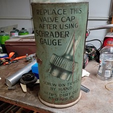Vintage 1922 Schrader Pressure Gauge canister display counter metal & wood 16” picture