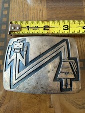Vintage Hopi Style Sterling Silver Overlay Belt Buckle Katsina Figures 83g. picture