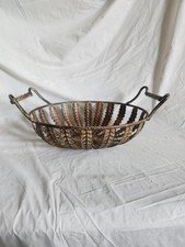 Vintage Wrought Iron Metal Bowl with Fern-Leaf Pattern & Twisted Metal Handles picture
